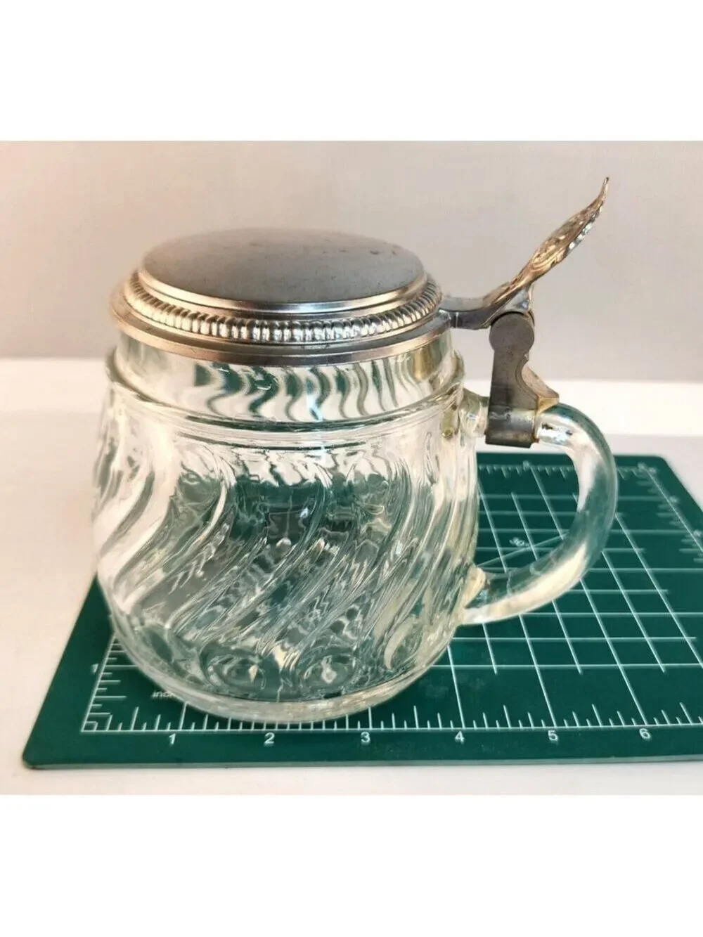 Original BMF W. Germany Glass Stein Pewter Lid Vintage Etched Glass Tankard Swir